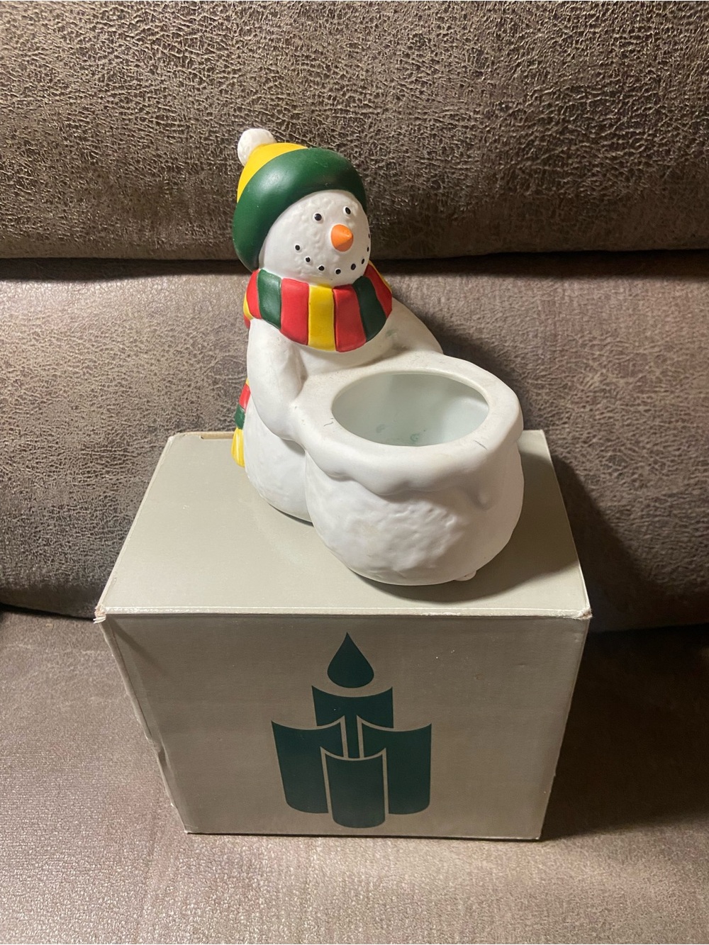Snowman PartyLite Tea light Holder - White with Green, Red & Yellow Accents VTG